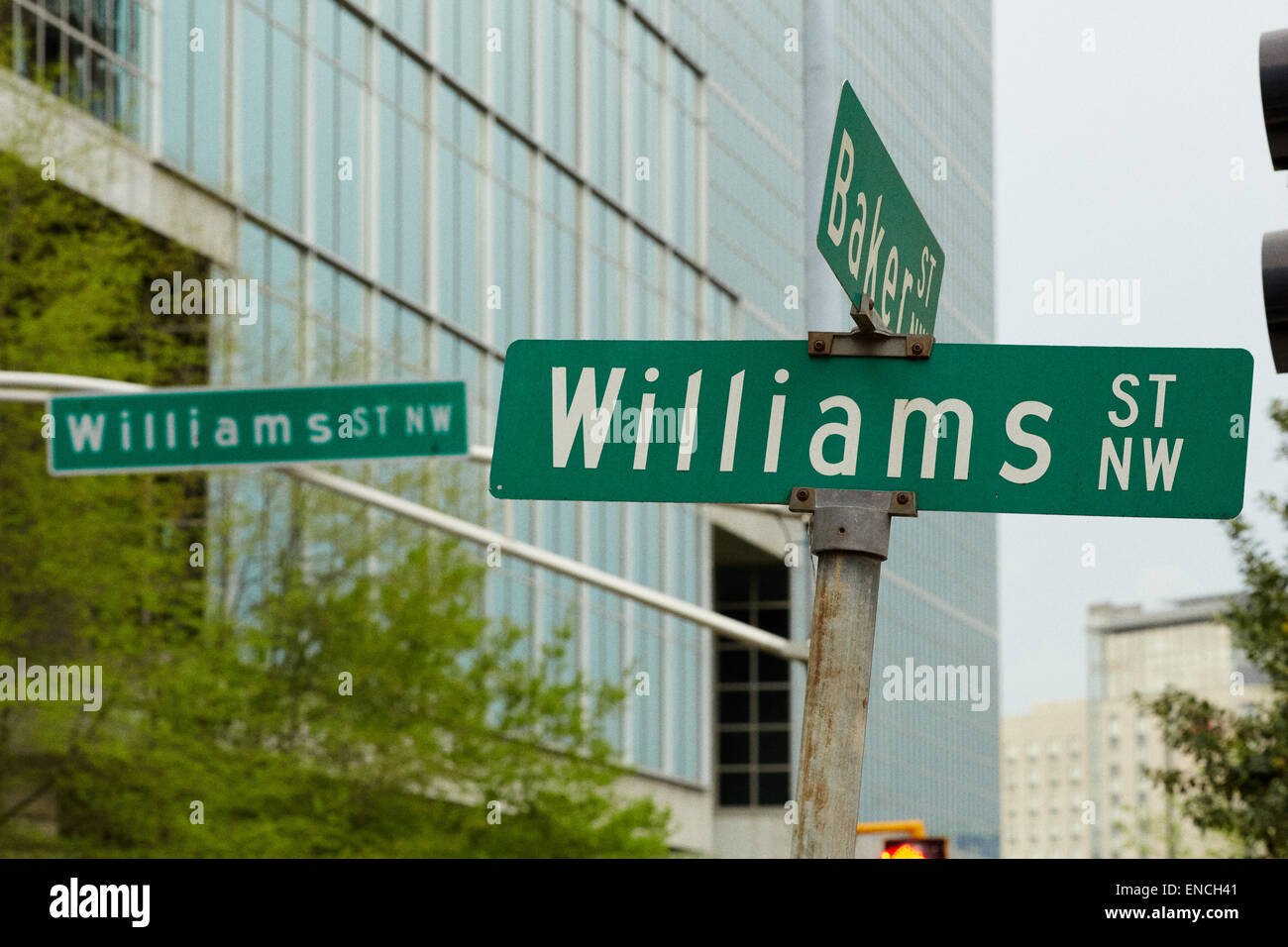 `Downtown Atlanta in Georga USA Williams Street green road sign Stock Photo